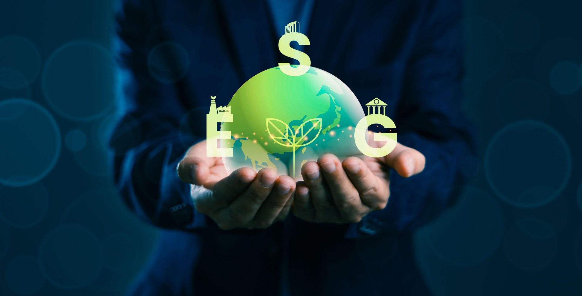 Sustainable Business Mastery: Man Holding the World of ESG Icons