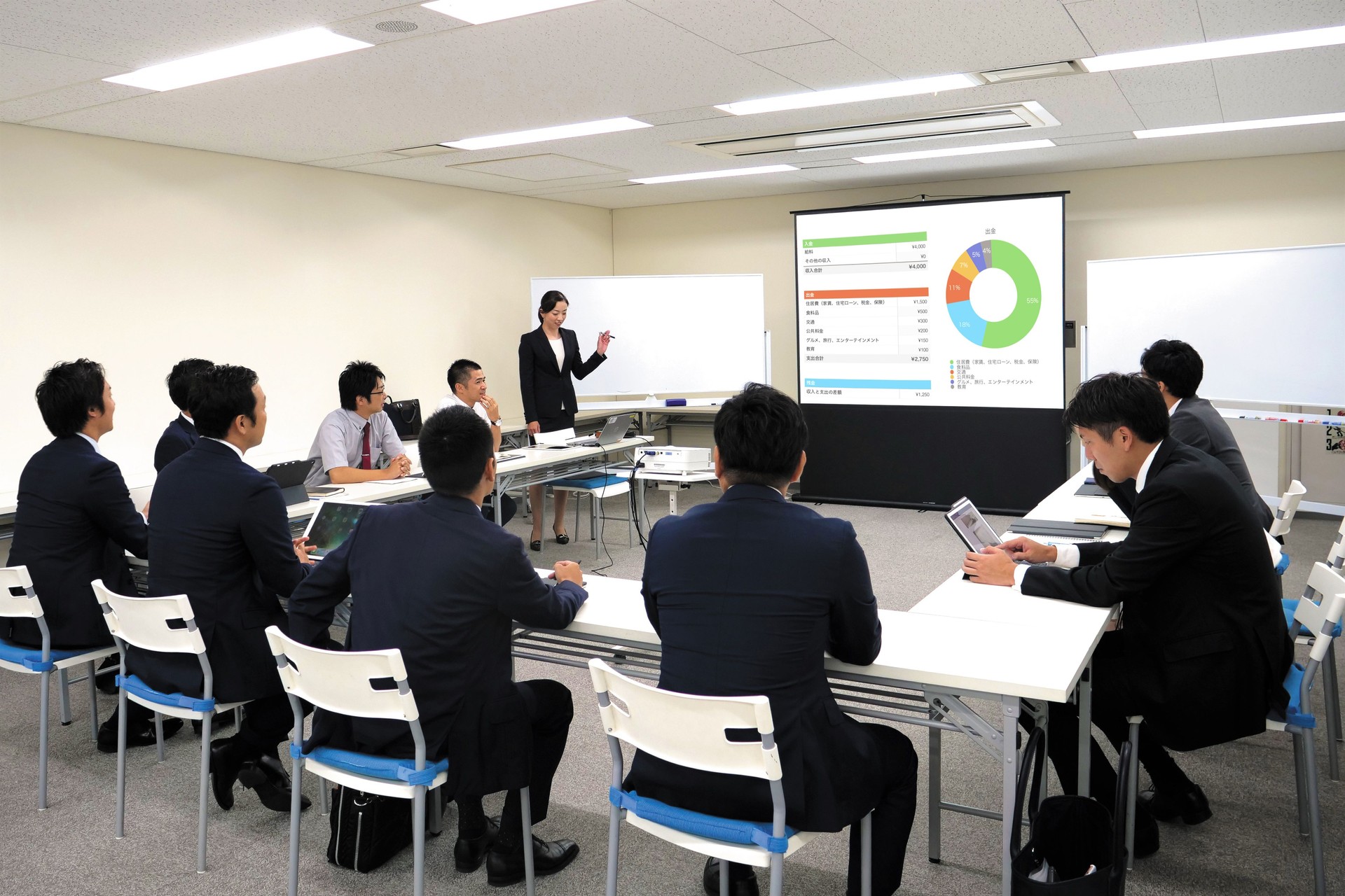 Coworkers discussing project in conference room